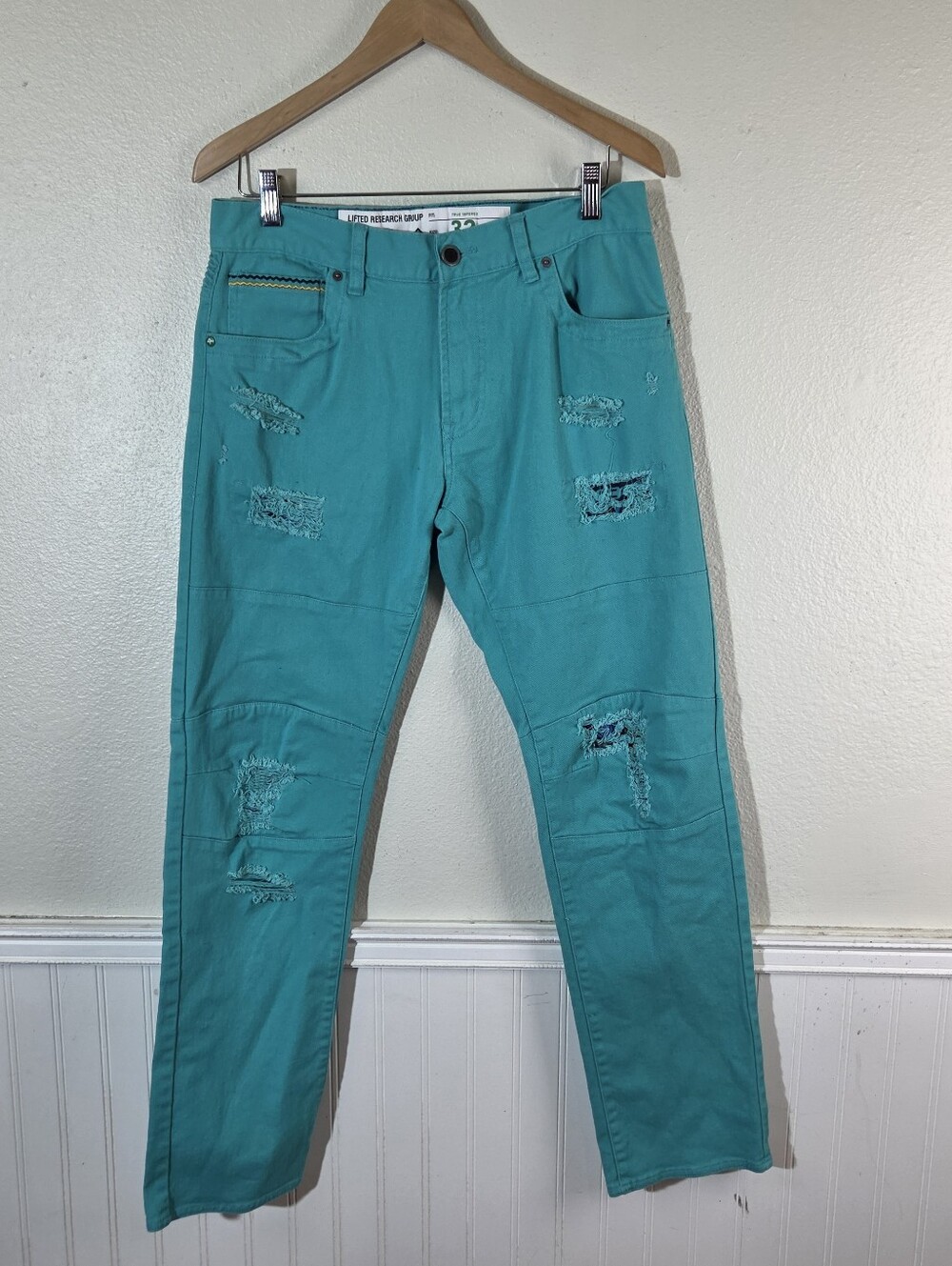 LRG Lifted Research Group Mens 32 Teal Stretch Distressed Pants True Tapered